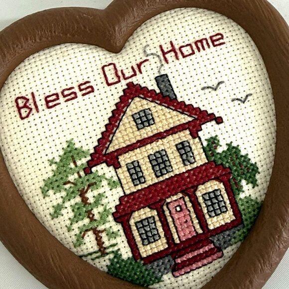 Vtg Mini Cross Stitch HEART “Bless our Home ” Wall Hanging Cottagecore 4.5In - Picture 2 of 4